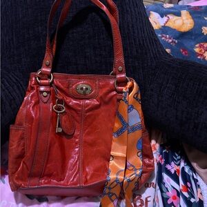 Fossil Red Leather Shoulder Bag with Orange Scarf